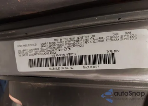 2009 Subaru Outback 2.5I from USA, damaged, VIN 4S4BP61C797317516